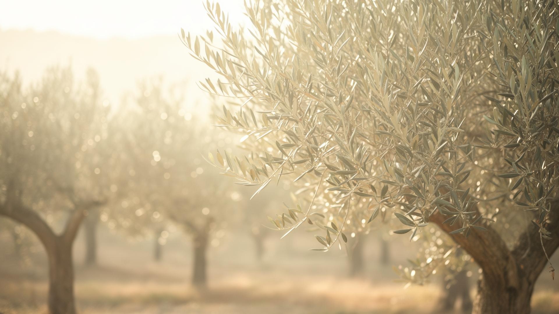Olive trees swaying in a soft golden breeze